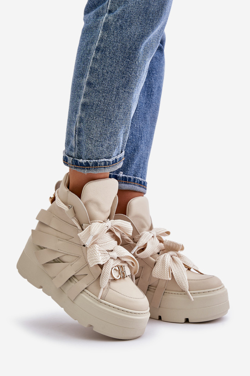 Kožené Dámské Tenisky Na Masivní Platformě Béžové CheBello 4561