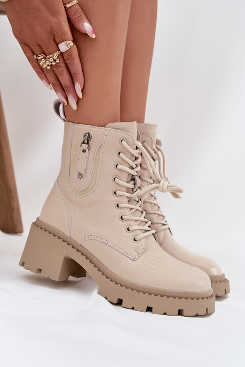 Kožené dámske členkové topánky na kocku Vinceza 86418 béžové