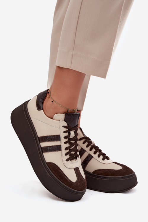 Kožené dámské tenisky na platformě Zazoo 3775 béžově-čokoládové