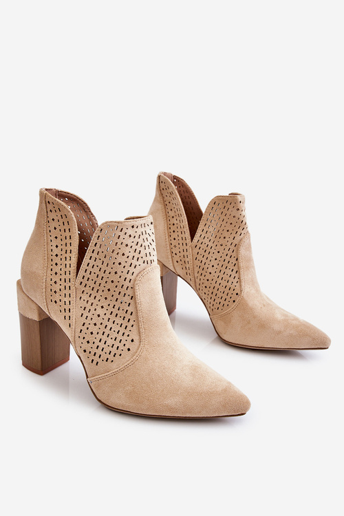 Módní semišové prolamované boty na vysokém podpatku Světle béžová Genevi