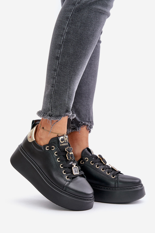Dámske Kožené Tenisky S Pripínakmi Na Platforme CheBello 4596 Čierne
