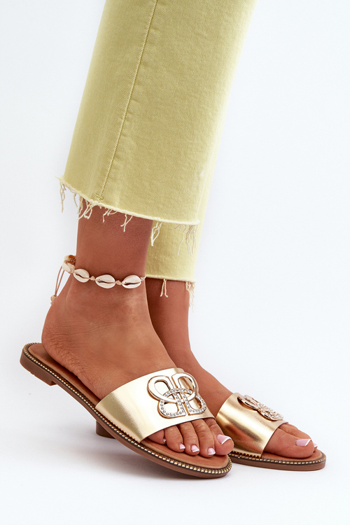 Dámské sandály S Ozdobou Z Ekokože Na Ploché Podrážce Zlaté Sadria