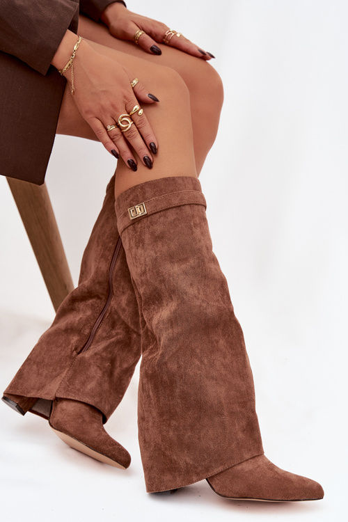 Evo ekologické semišové čižmy podpätok stĺp s zipsom vystlané preklopený holenný golier tmavé béžové Evyra