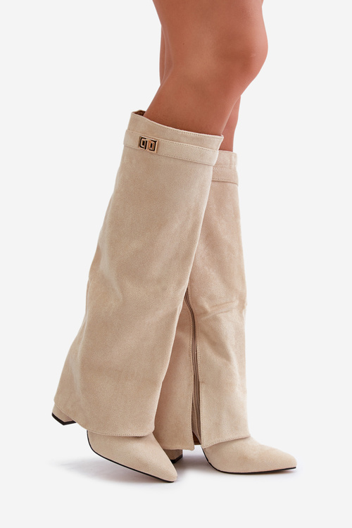 Dámské Kozačky Eko Semišové S Ohnutým Holenním Uzemím Na Podpatku Béžové Bralise