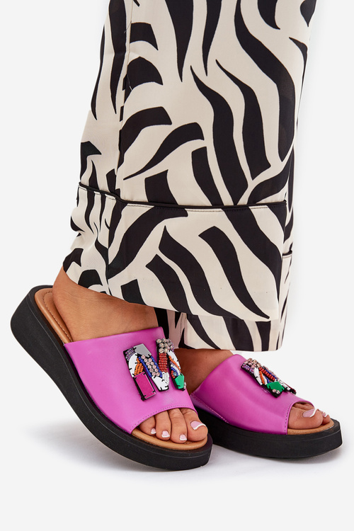 Dámské Kožené Pantofle S Ozdobou Růžová Asames