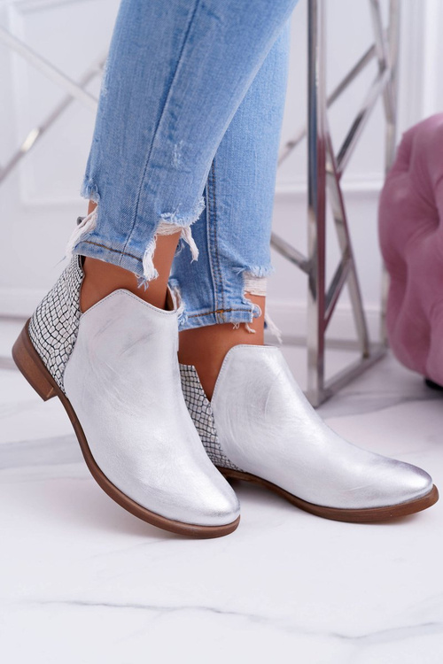 Dámské Kotníkové Ploché Boty Jarní Kožené Stříbrné Madness