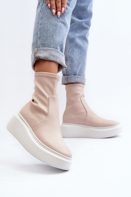 Zazoo 3395 Dámske kožené členkové topánky na masívnej platforme béžové