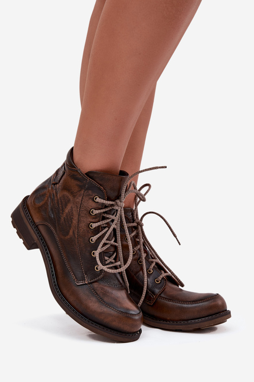 Dámske členkové topánky z pravé kože na plochom podpätku Maciejka 07063-02 Hnedé