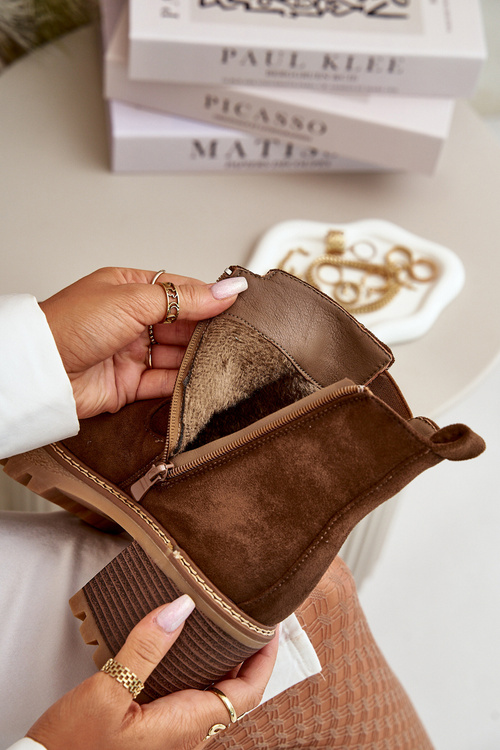 Dámské Zateplené Botky Na Podpatku Eko Semišové Hnědé Irissinae