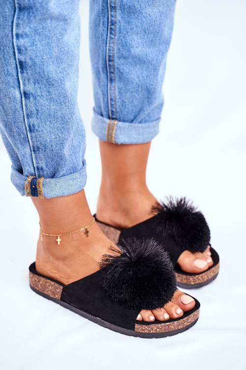 Dámské černé Papuče Na Korku s Bambulí Galaxo