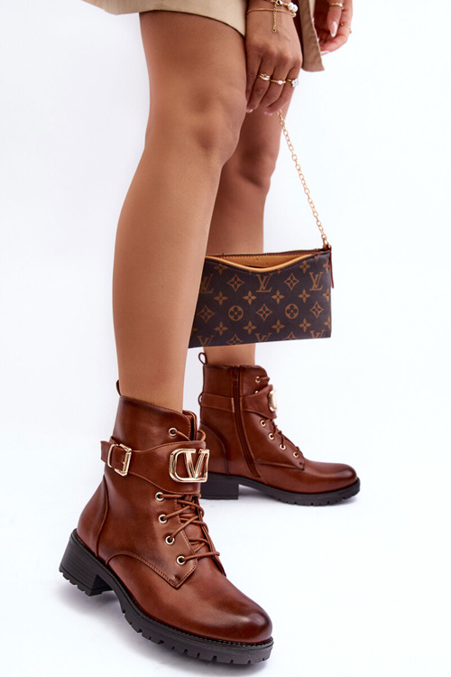 Dámské zateplené boty Workery se zlatou sponou hnědé Vera