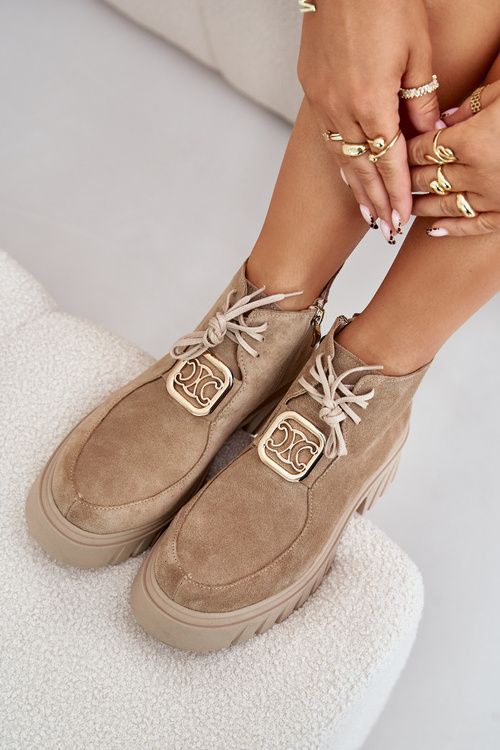 Semišové Boty Se Zlatou Dekorací Béžové Zazoo 2952