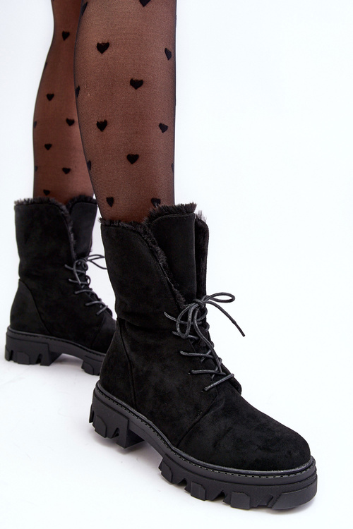 Suede Lace -up Boots Workers s kožušinou Black Frendo
