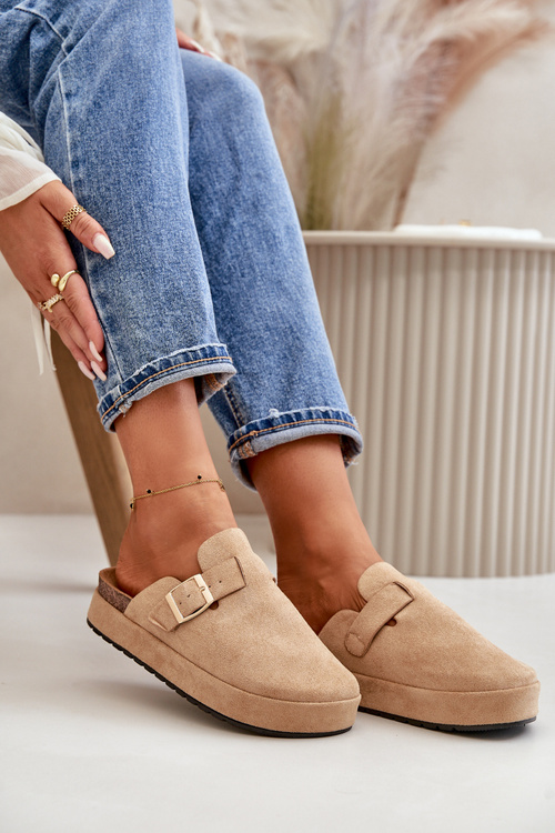 Dámské Pantofle Na Platformě Se Zlatou Sponou Tmavě Béžové Terilaina