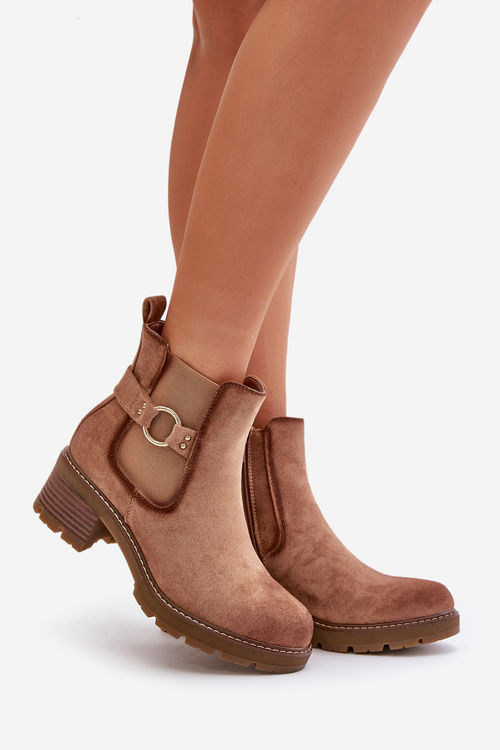 Dámske Zateplené Čižmy Na Opätku So Zlatým Detailom Eko Semišové Svetlo Hnedé Mailta