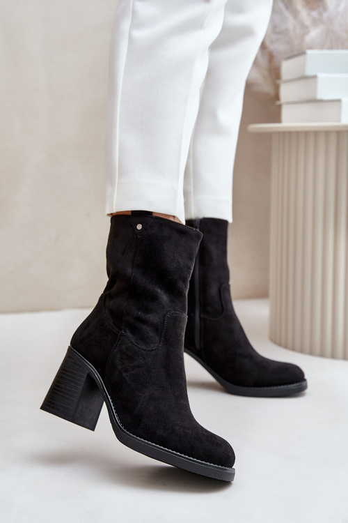 Dámské Botky Zateplené Na Podpatku Eko Semišové Černé Vellinga