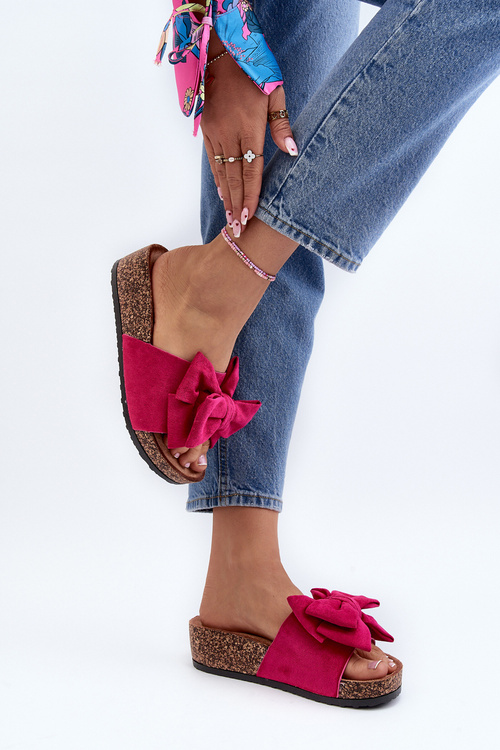 Dámské žabky na masivní korkové platformě s mašlí Fuksja Tarena