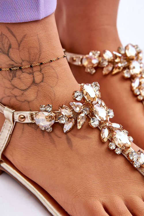 Dámské sandály žabky s kamínky zlato Lenisa