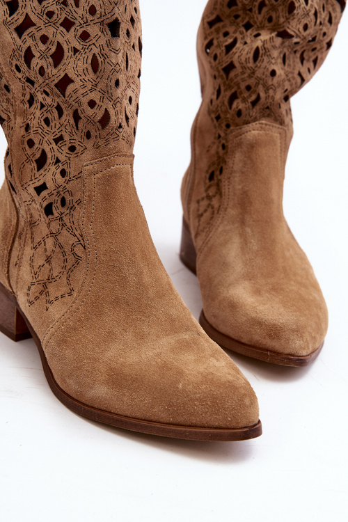 Zazoo 3403 Prosvětlené Dámské Kozačky Na Nízkém Podpatku Béžové