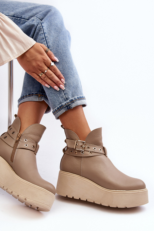 Kožené Dámské Boty Na Podpatku Platformy S Pásky Zazoo 1752 Bežové
