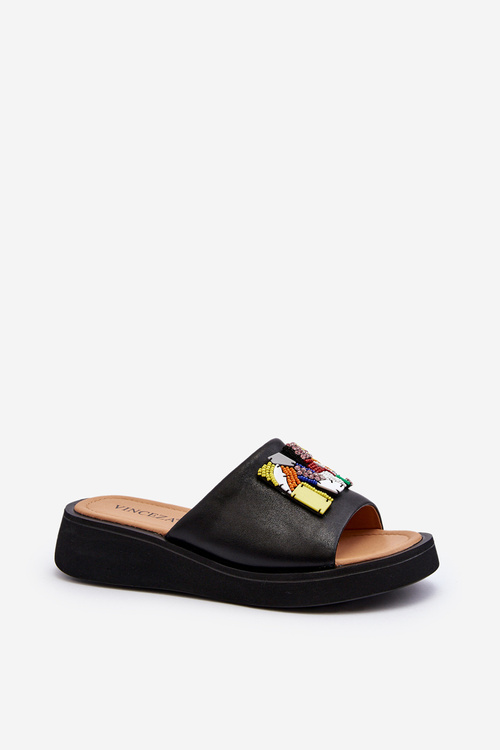 Dámské kožené žabky s ozdobou černé Asames