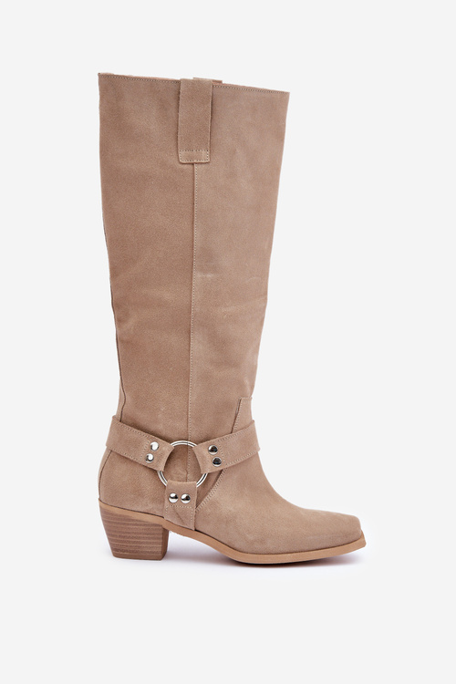 Semišové Čižmy Na Nízkém Podpatku S Návleky Před Kolena Světle Béžové Zazoo 3444/O