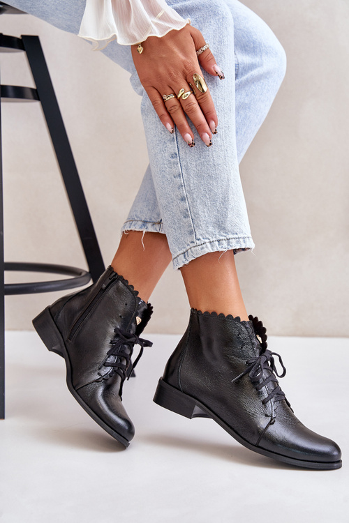 Zazoo 2964 Kožené Boty Na Plochém Podpatku Černé