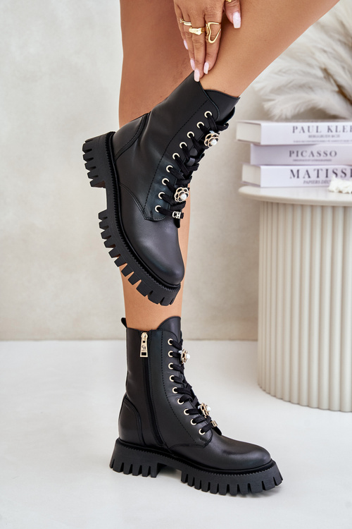 Kožené Boty Workery S Připínáky Na Zip CheBello 4553 Černé