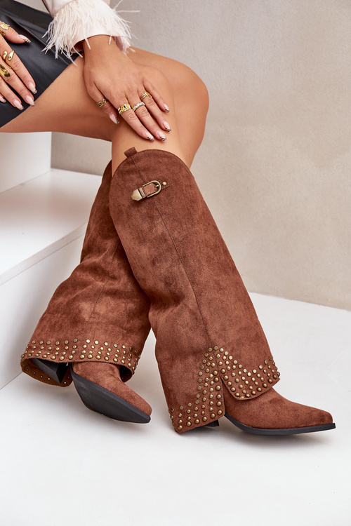 Kozačky S Ohnutým Holení Na Podpatku Hnědé Iveliri