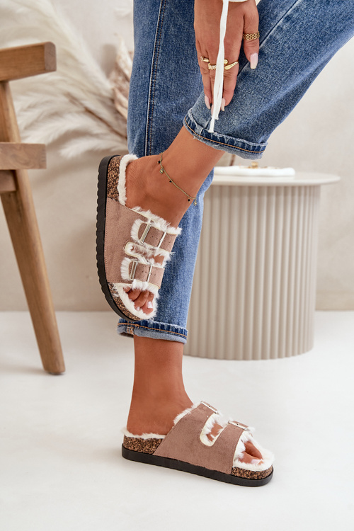 Dámské Pantofle S Přezkami A Kožíškem Béžové Ezilena