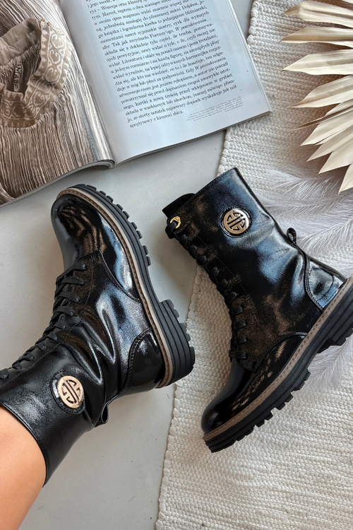 Lakované pracovné čižmy pre ženy s zlatým detailom zateplené čierne Dorialine