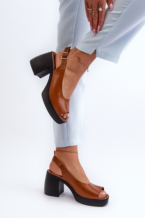 Zazoo 40376 Kožené Sandále Na Masívnom Opätku Hnedé