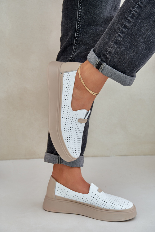 Lehké Ažurové Kožené Mokasíny Polobotky Dámské Na Platformě A Kotrně Bílé Hanthiel