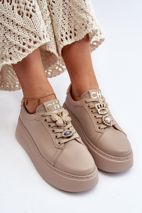 Dámské kožené tenisky s ozdobami CheBello 4292 béžové