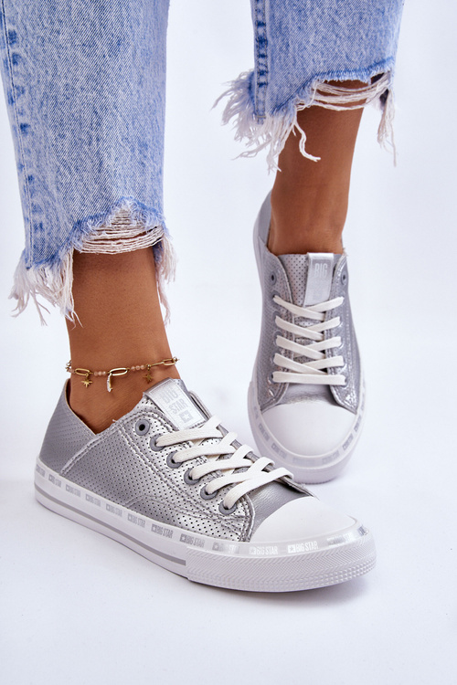 Dámska kožená koža veľká hviezda LL274016 Strieborné tenisky