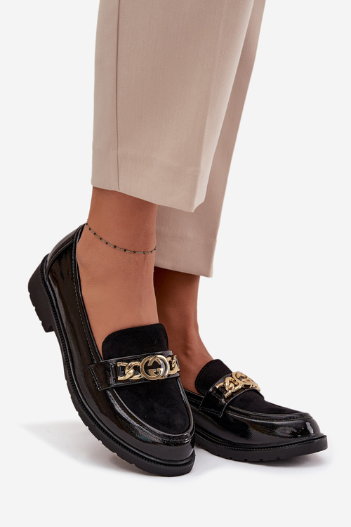 Lakované dámské mokasiny se zlatým ozdobením S.Barski HY52-540 Černé