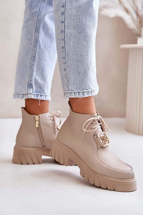 Zazoo 2952 Kožené Čižmy So Zlatou Dekoráciou Béžové