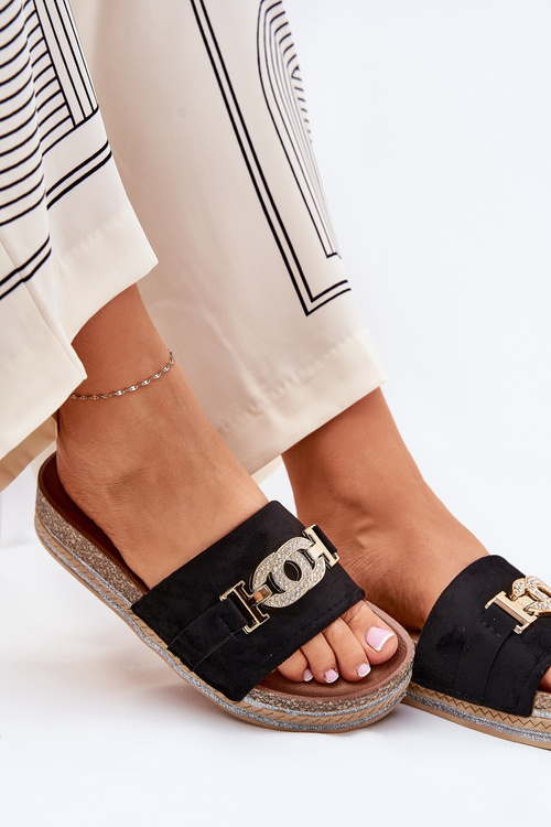 Dámské Pantofle Se Zlatým Detailem Na Platformě S Leskem Černé Eanes