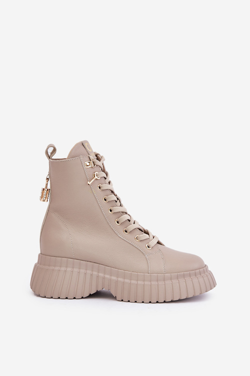 Kožené Boty Na Platformě Na Zip S Dekorativním Zámkem CheBello 4517 Béžové