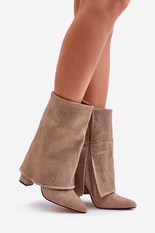 Ozdobené Lesklé Botky S Otočeným Svrškem Na Podpatku Zateplené Béžové Xistaria