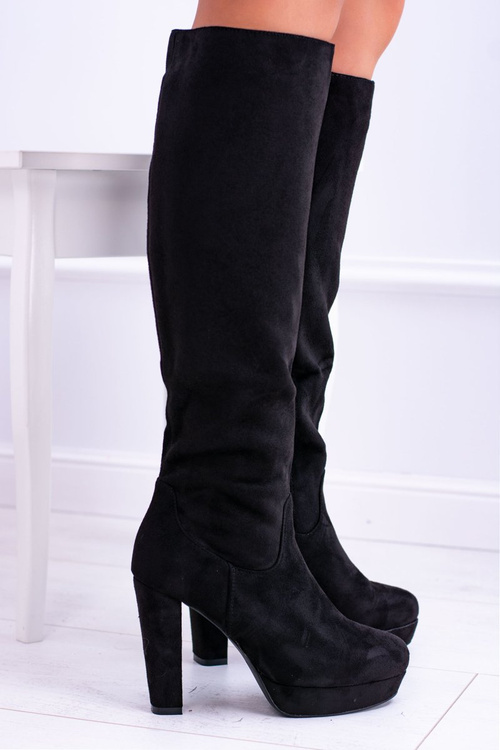 Černé dámské semišové vysoké kozačky na patě a platformy Sergio Leone KZ296