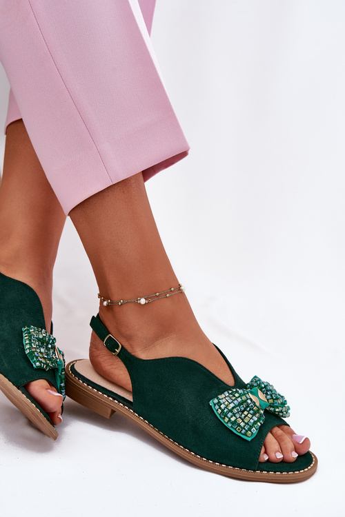 Dámske Sandále S Mašľou Na Nízkom Opätku S.Barski KV51-014 Zelené