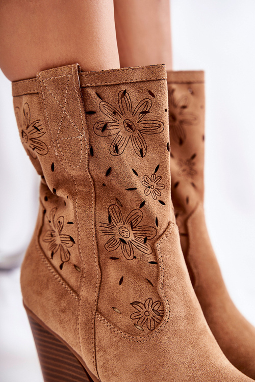 Módne semišové topánky kovbojské topánky s kvetmi Camel Coralie