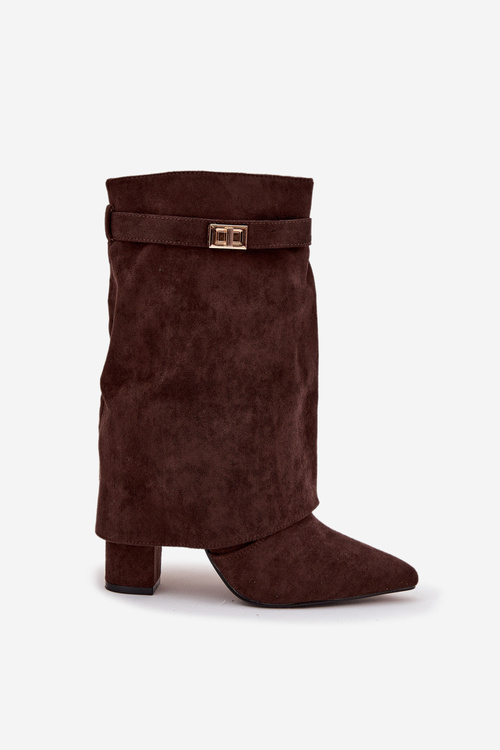 Zateplené dámské kozačky na podpatku s ozdobným páskem čokoládové Luvielle