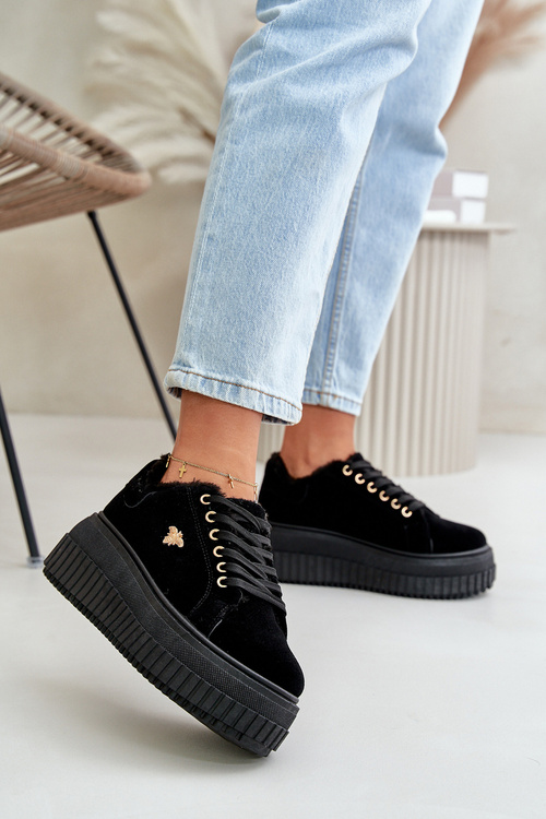 Dámske Zateplené Tenisky Na Masívnej Podešvi So Zlatým Detailom Čierne Lotira