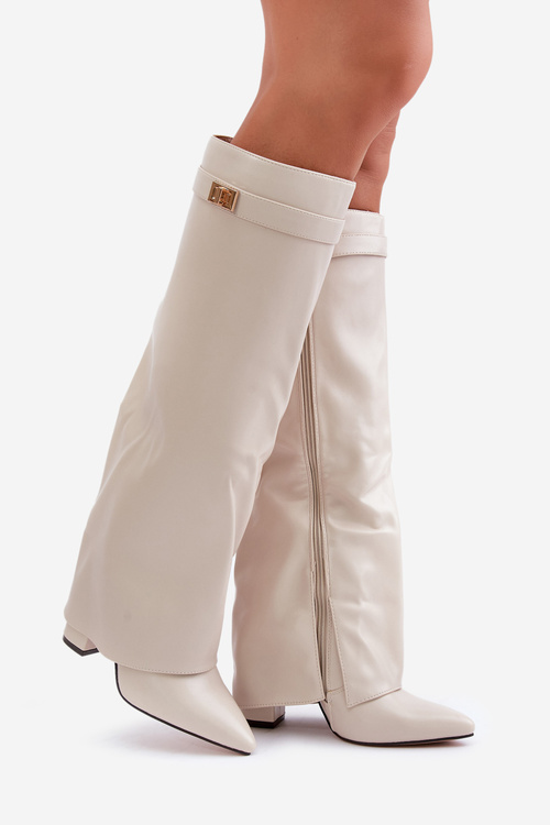 Dámské Kozačky Eko Kůže S Ohnutým Svrškem Na Podpatku Světle Béžové Avamora