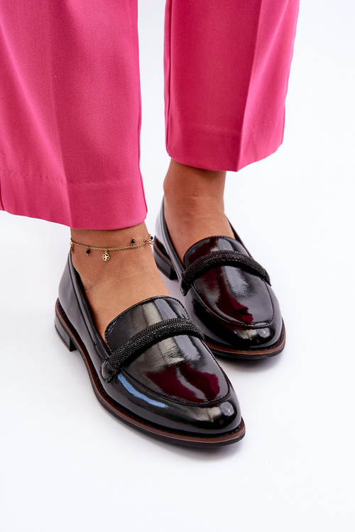 Dámské lakované kožené mokasíny s ozdobným páskem Černé Saosin