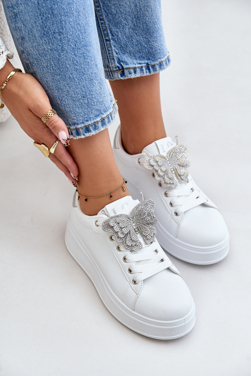 Dámske tenisky na platforme s motýľom bielo-strieborné Naritevia