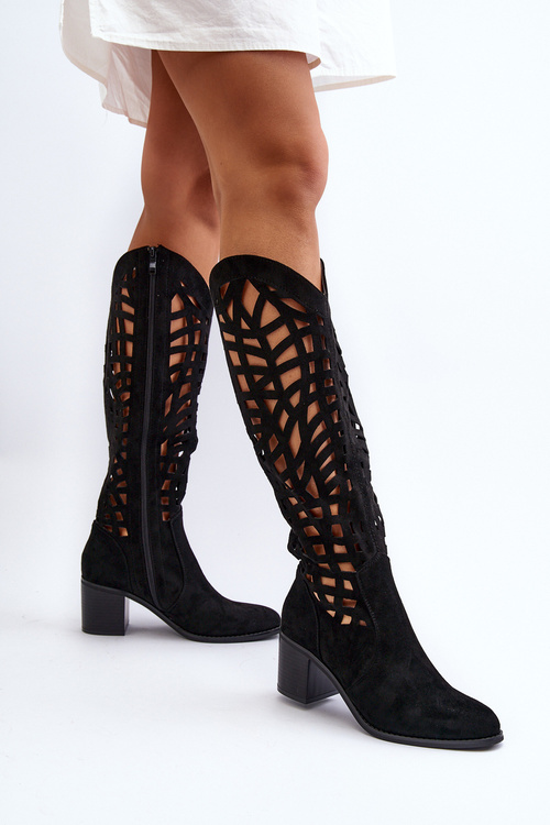 Čierne čižmy s otvoreným vzorom na opätku Pinkema