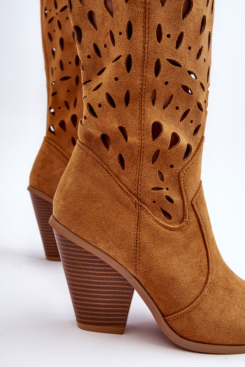 Zamszové Ažurové Kozaky Kovbojky Hnědé Nisu